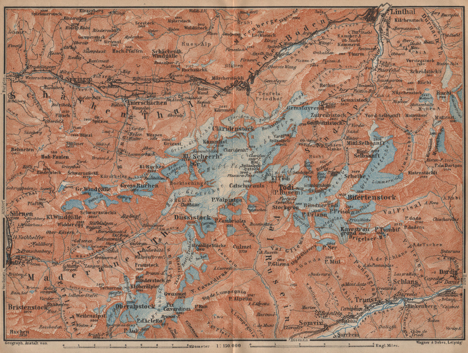 TÖDI DISTRICT. Glarus Alps Linththal Bifertenstock Claridenstock 1907 old map